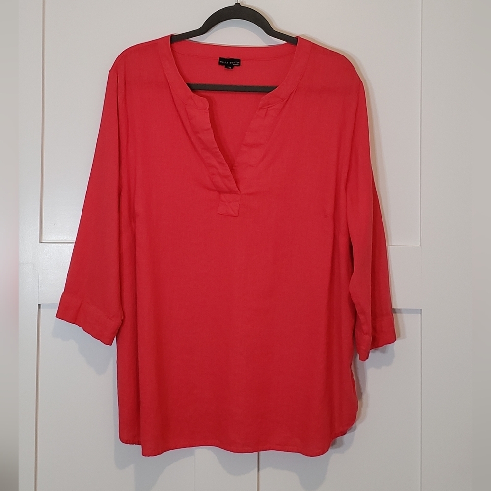 Willi Smith Linen Tunic Top Size 1X Pink Split V Neck Lagenlook Boho